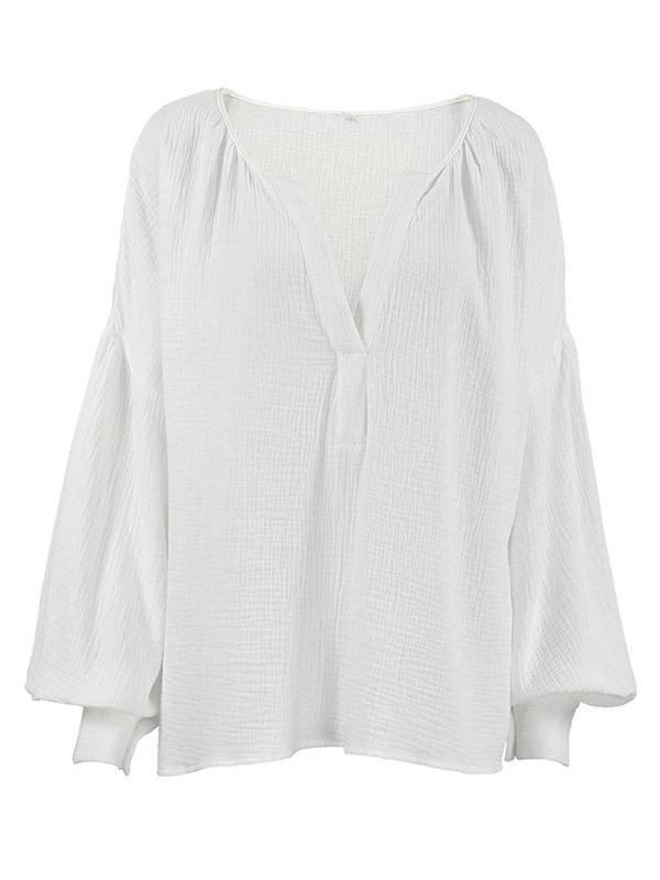 Loose Puff Sleeves Pleated Solid Color Split-Joint V-Neck Blouses&Shirts Tops Product Image