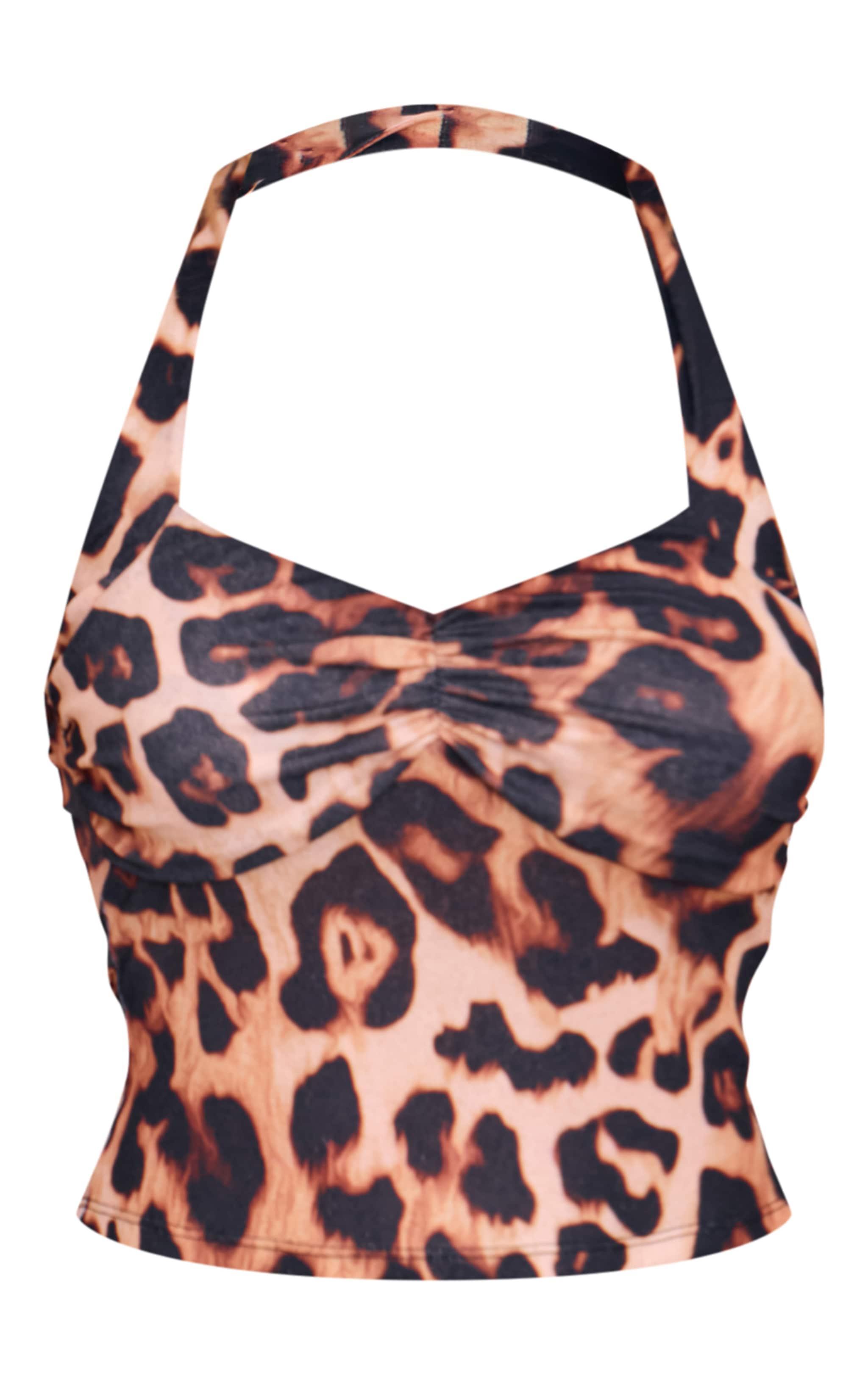 Brown Leopard Print Burnout Mesh Halterneck Top Product Image