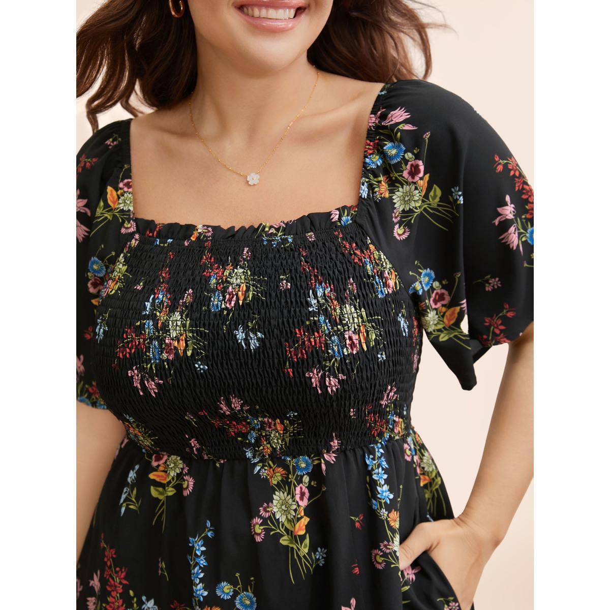Plus Size Ditsy Floral Shirred Split Hem Dress Black Women Elegant Frill Trim Square Neck Short sleeve Curvy BloomChic 12/L Product Image