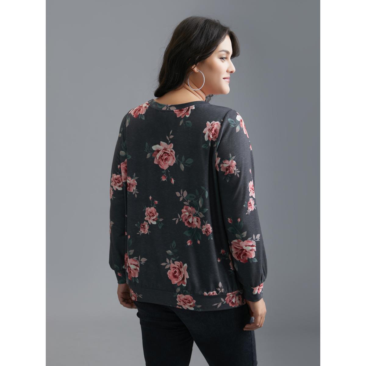Plus Size Stretchy Floral Paint Sweatshirt Women BlackFlower Casual Contrast Round Neck Everyday Sweatshirts BloomChic 18-20/2X Product Image