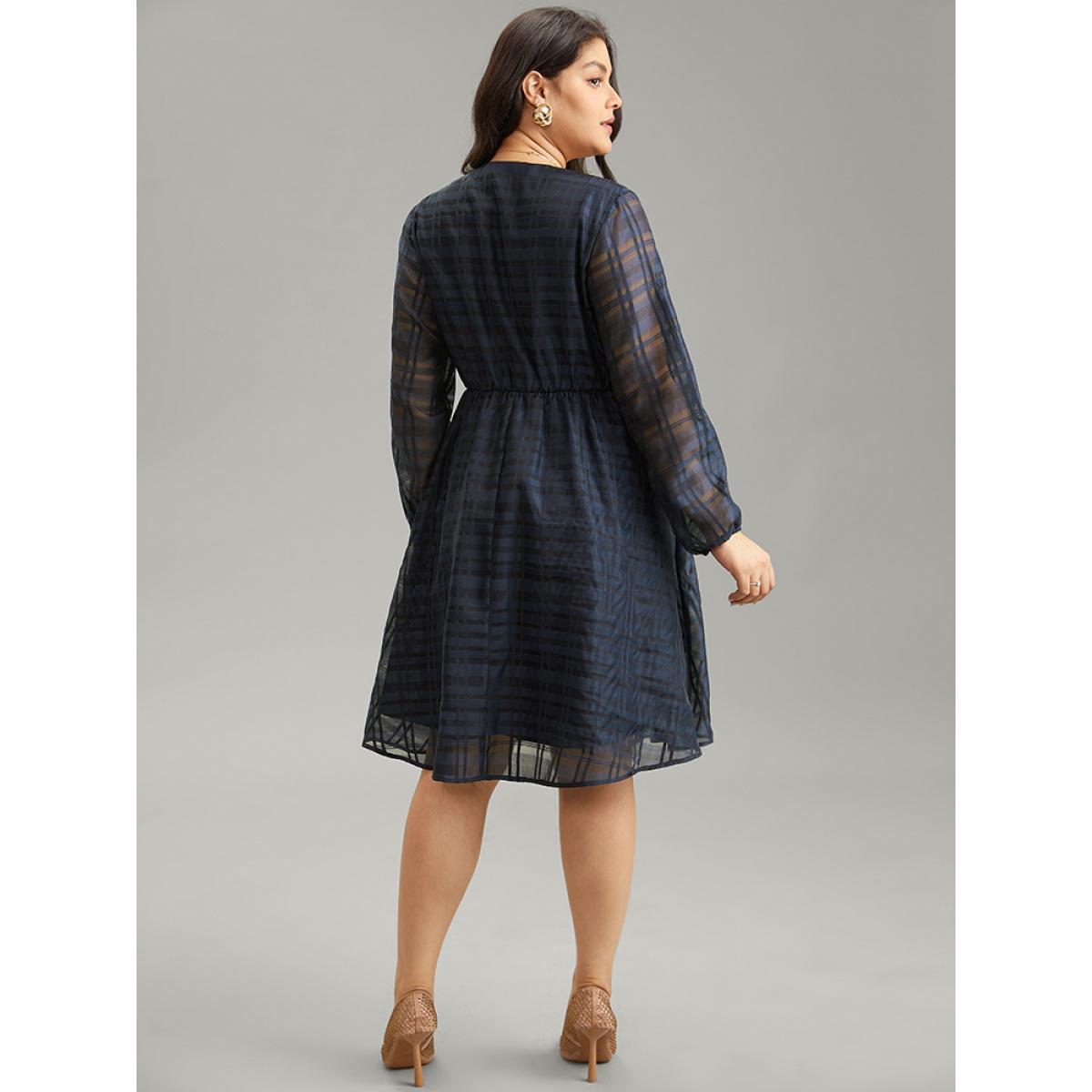 Plus Size Geometric Graphic Mesh Lantern Sleeve Dress DarkBlue Women Elegant Elastic cuffs V-neck Long Sleeve Curvy Midi Dress BloomChic 26/4X Product Image