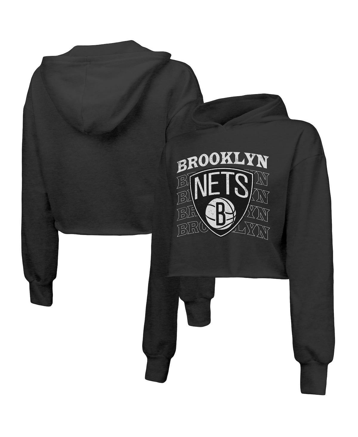 Womens Majestic Threads Brooklyn Nets Repeat Cropped Tri-Blend Pullover Hoodie Product Image