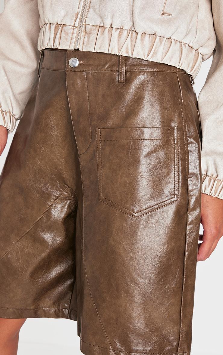 Premium Brown Washed Faux Leather Oversized Long Shorts Product Image