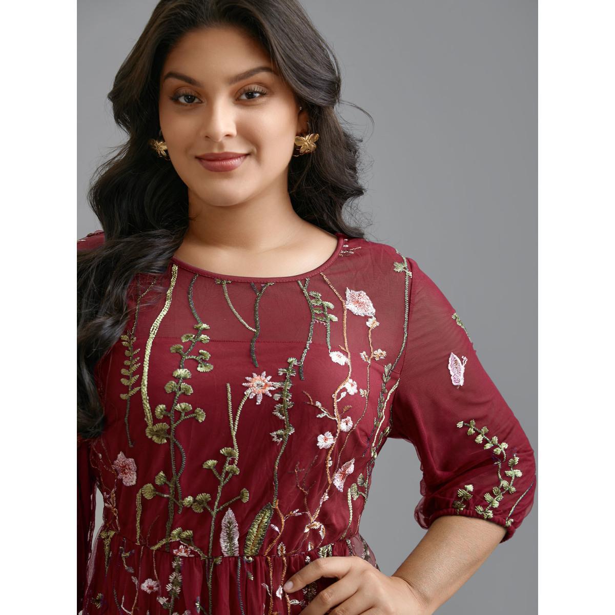 Plus Size Floral Embroidered Elastic Waist Lined Midi Dress Burgundy Women Formal Texture Party Curvy Bloomchic 28/5X Product Image
