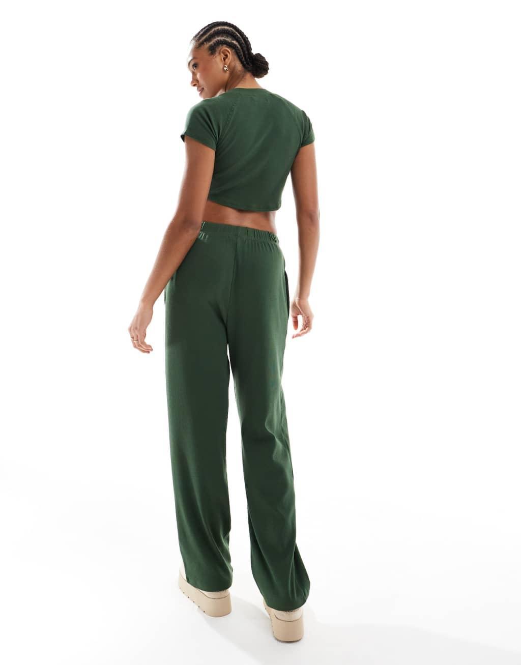 Brave Soul ribbed cropped t-shirt and wide leg pants lounge set in khaki Product Image