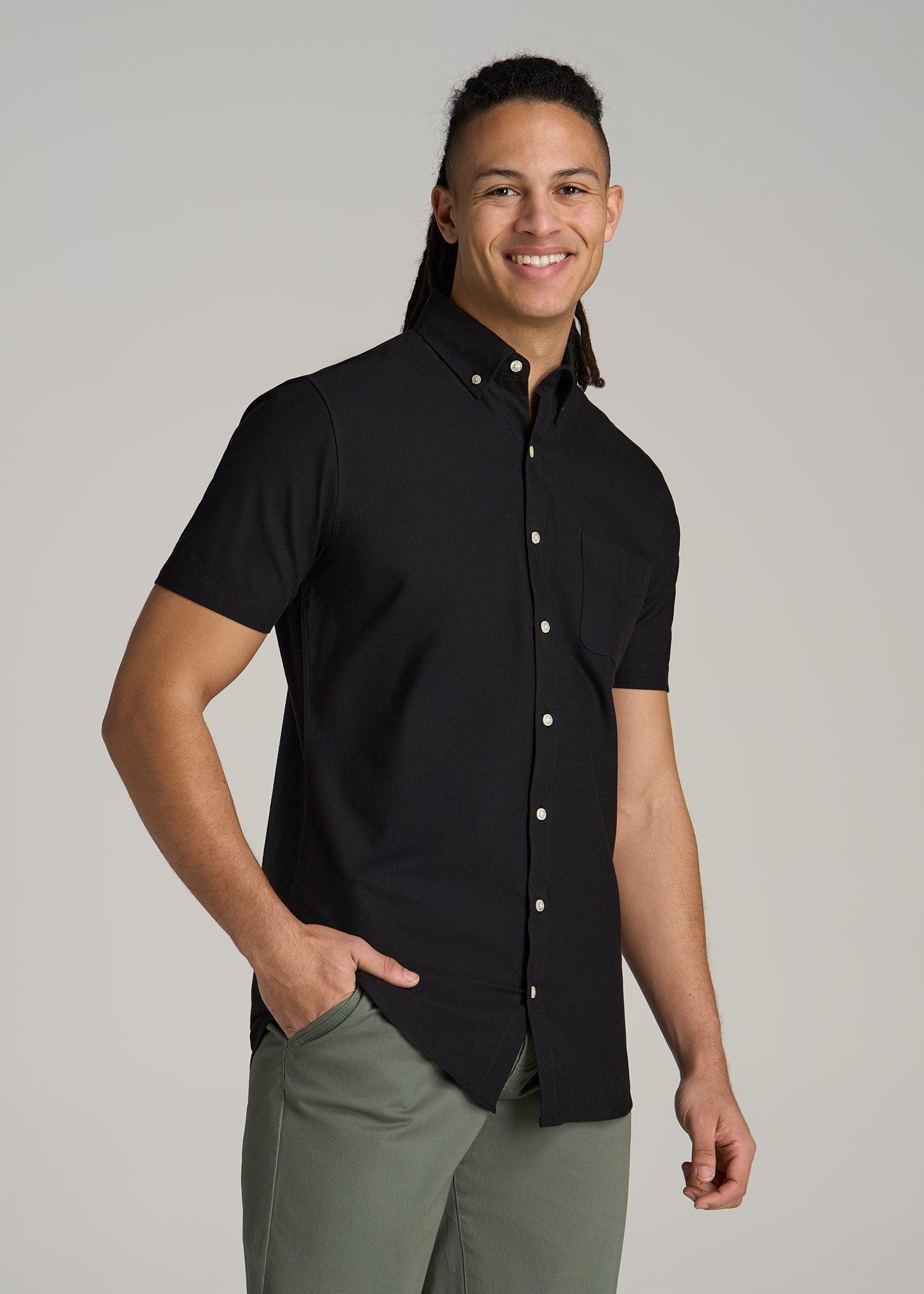 Short Sleeve Oxford Button Shirt For Tall Men in Black Male Product Image
