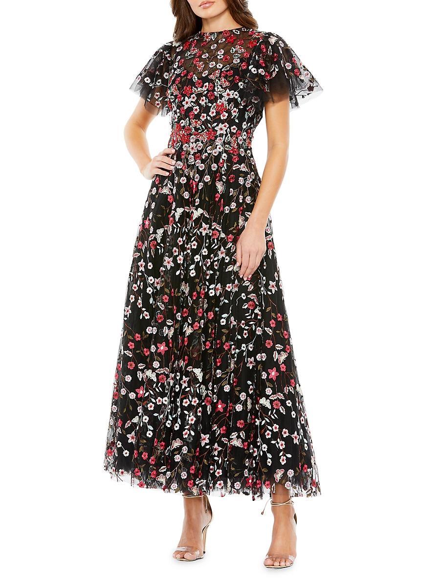 Womens Floral Embroidered Flutter-Sleeve Midi-Dress Product Image