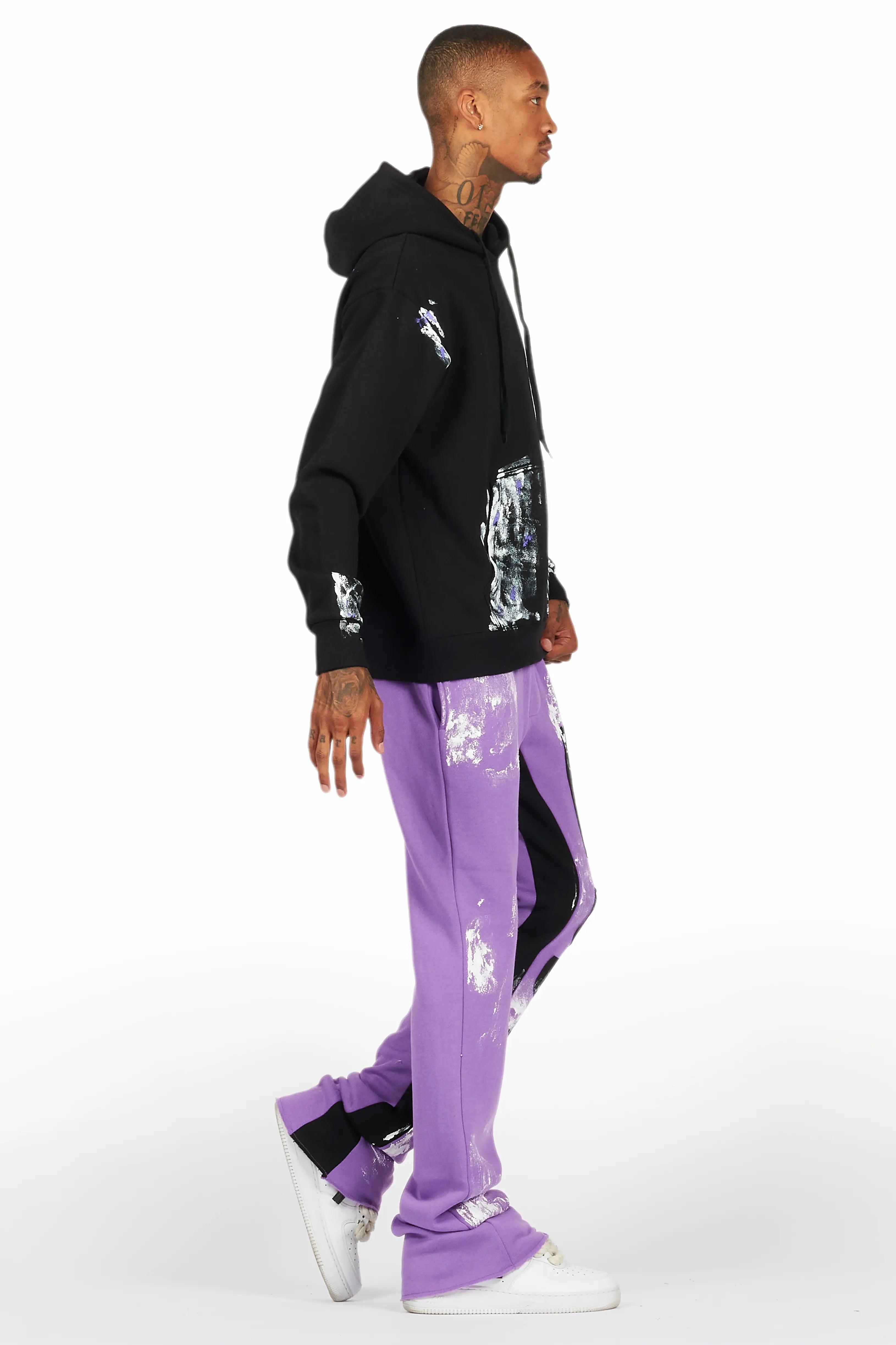 Mattox Black/Purple Hoodie/Baggy Stacked Flare Pant Set Male Product Image