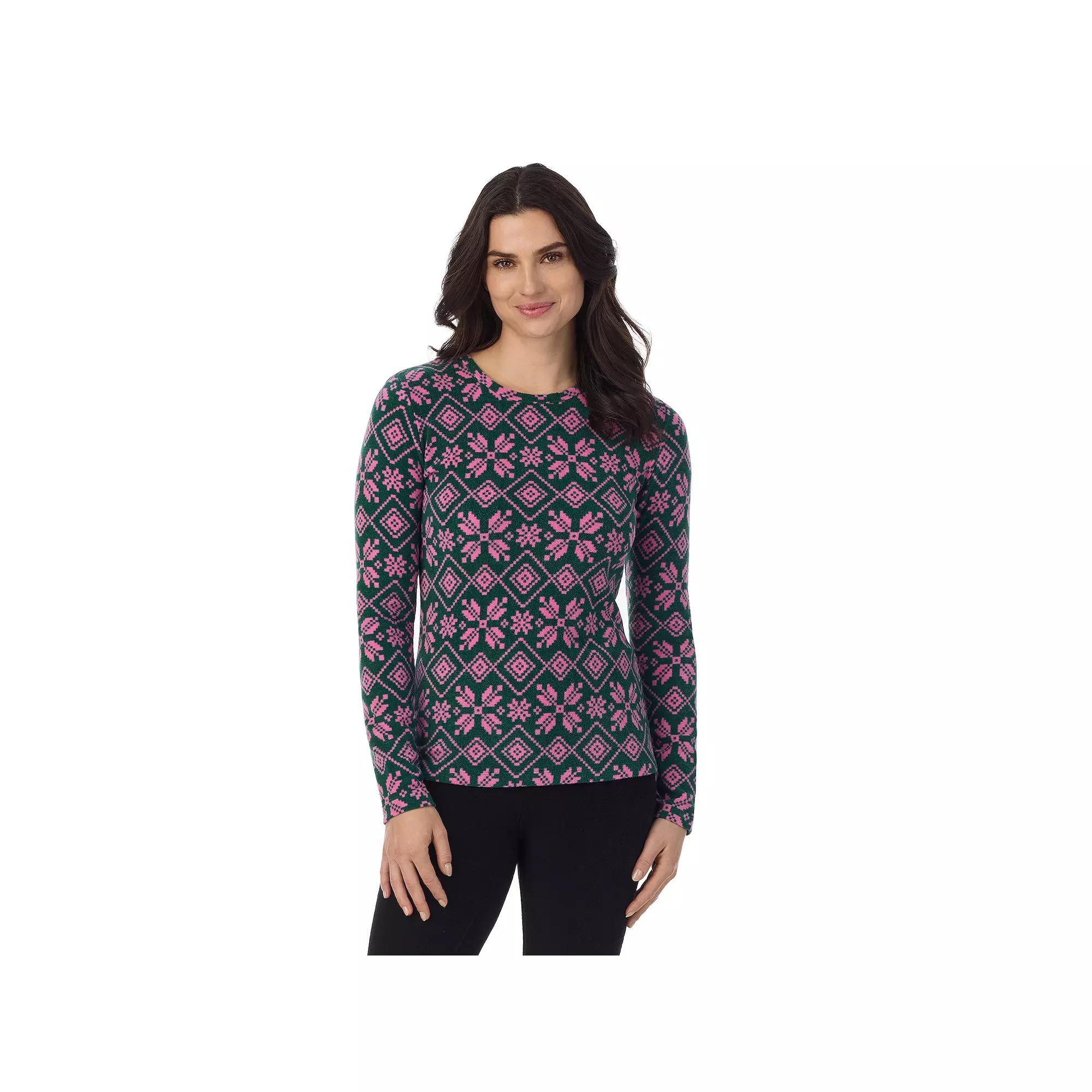 Women's Cuddl Duds® Fleecewear With Stretch Long Sleeve Top, Size: Large, Black White Snowflake Product Image