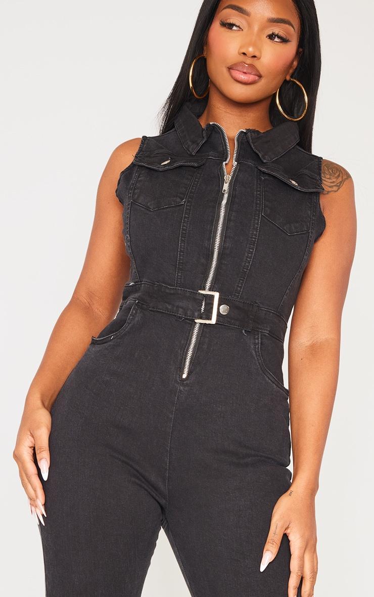 Shape Black Belted Detail Stretch Denim Jumpsuit Product Image