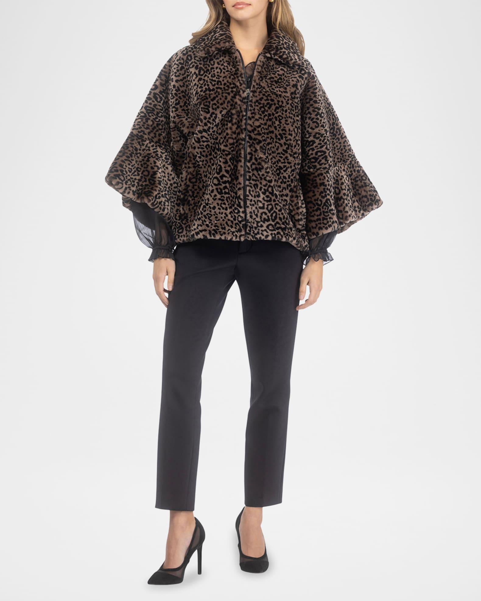 Leopard-Print Shearling Lamb Zip Jacket With Cropped Sleeves Product Image
