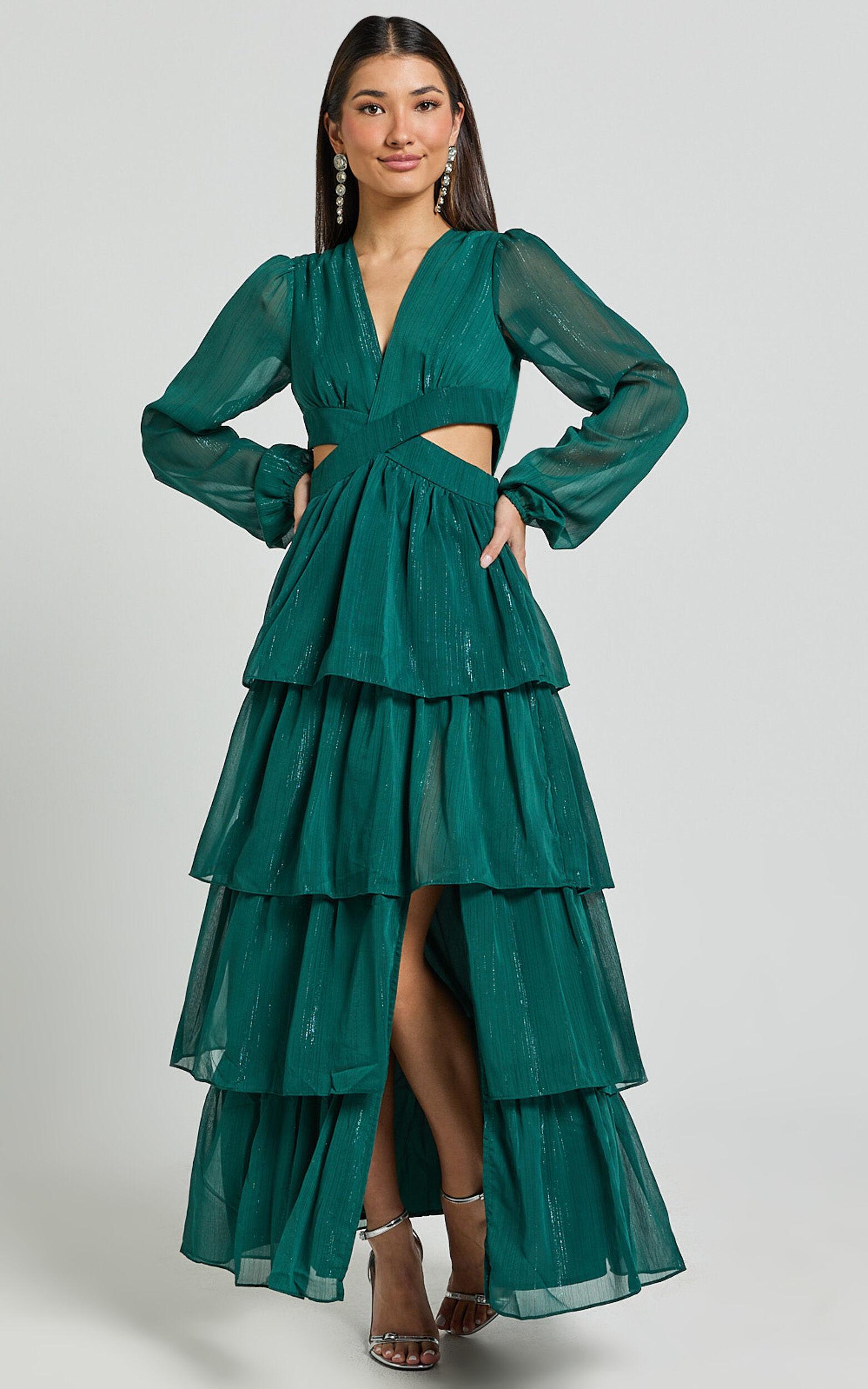 Jacinda Maxi Dress - Cut Out Long Sleeve Thigh Split Tiered Dress in Emerald Product Image