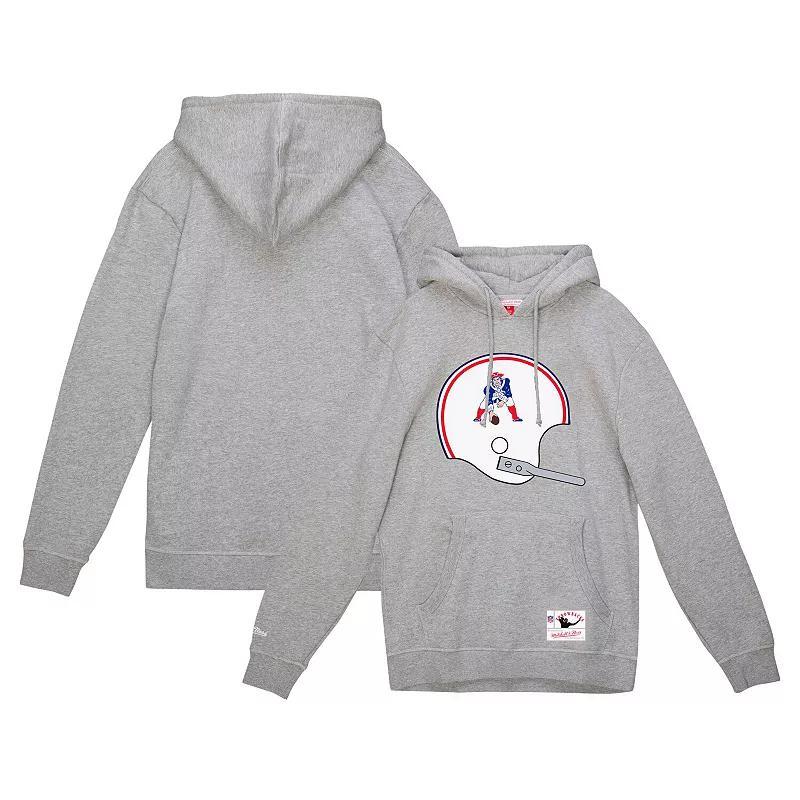 Mens Mitchell & Ness Heather Gray New England Patriots Helmet Logo Vintage Pullover Hoodie Product Image