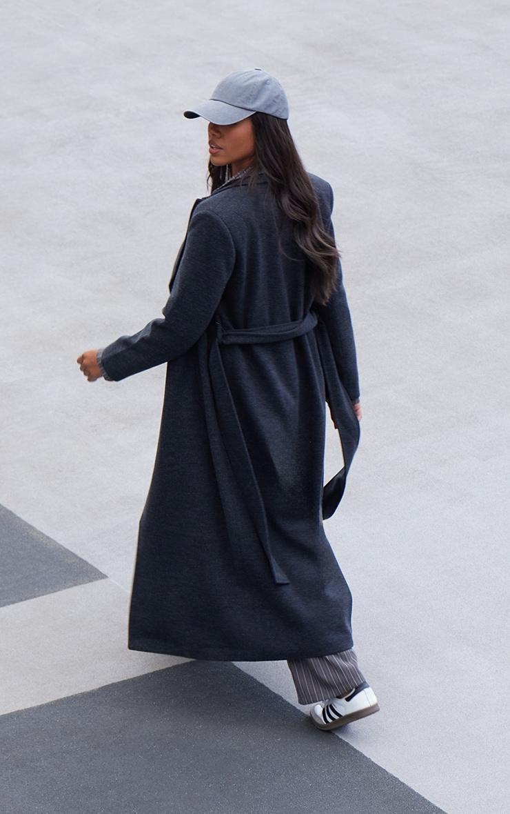 Black Herringbone Self Tie Maxi Coat Product Image