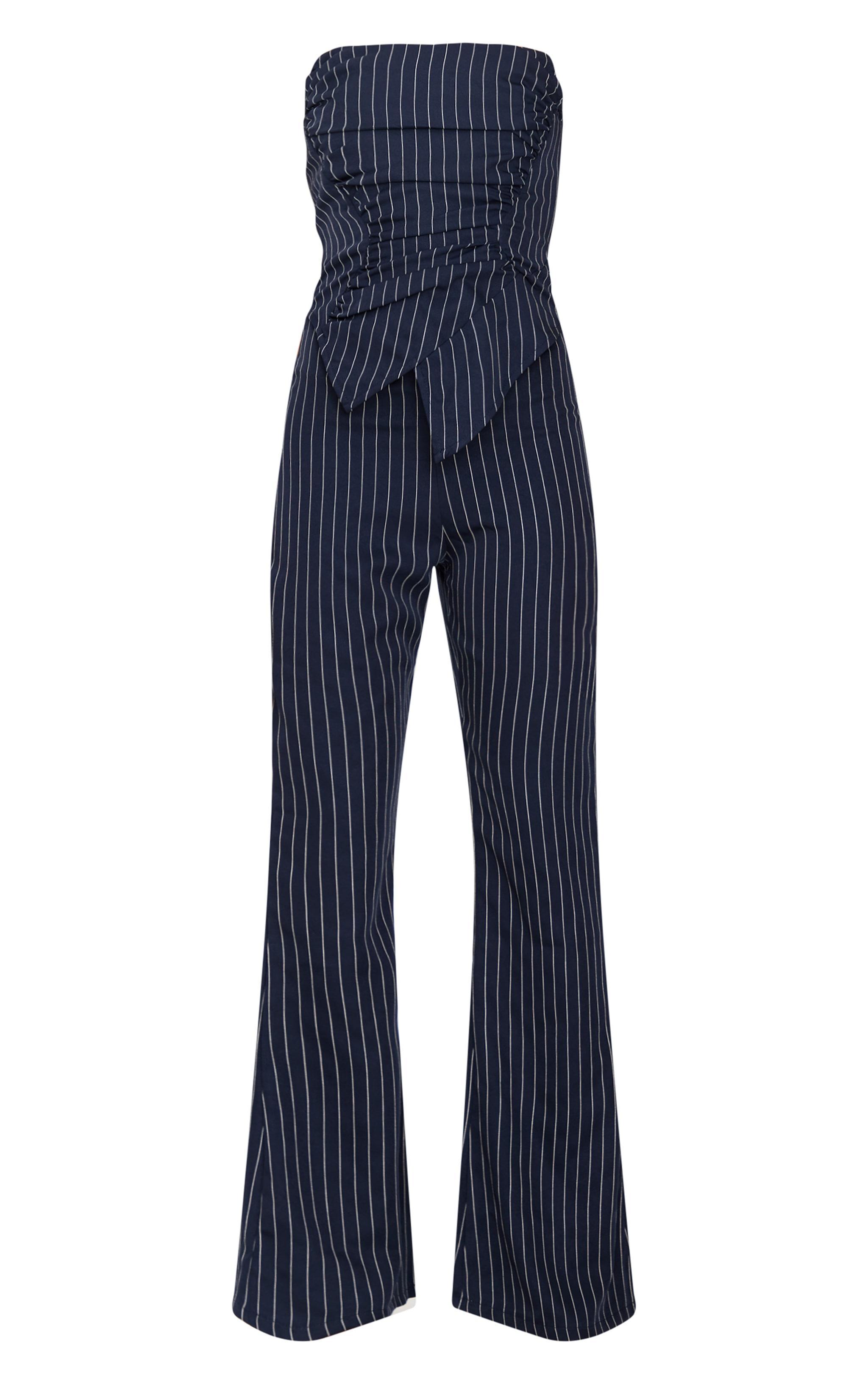 Navy Pinstripe Ruch Pointed Corset Bandeau Jumpsuit Product Image