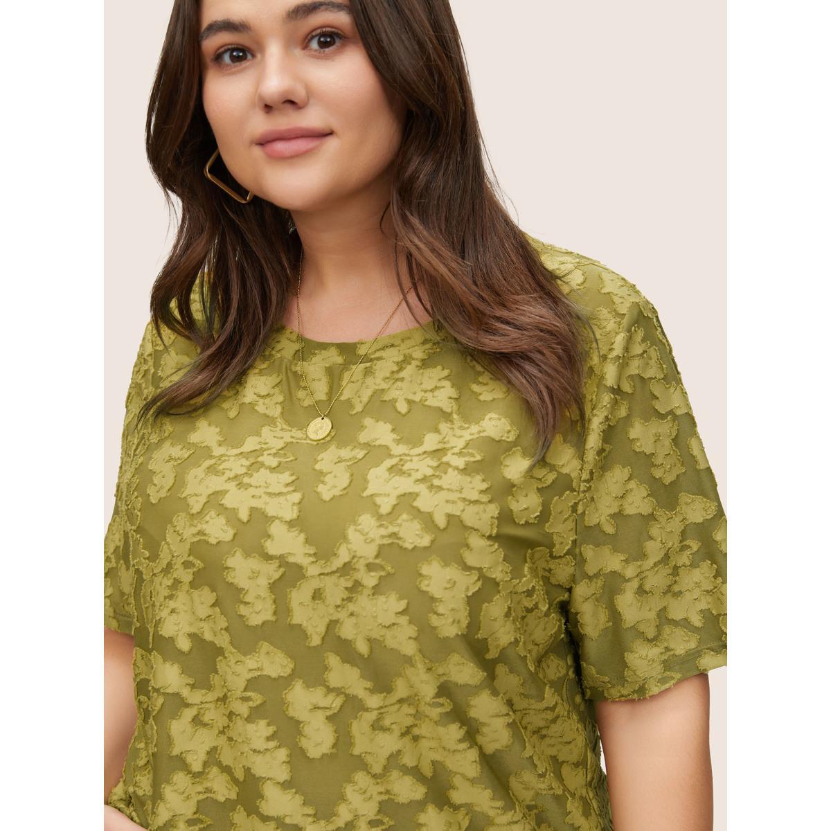 Plus Size Textured Silhouette Floral Print T-shirt Olive Women Elegant Texture Silhouette Floral Print Round Neck Everyday T-shirts BloomChic 12/L Product Image