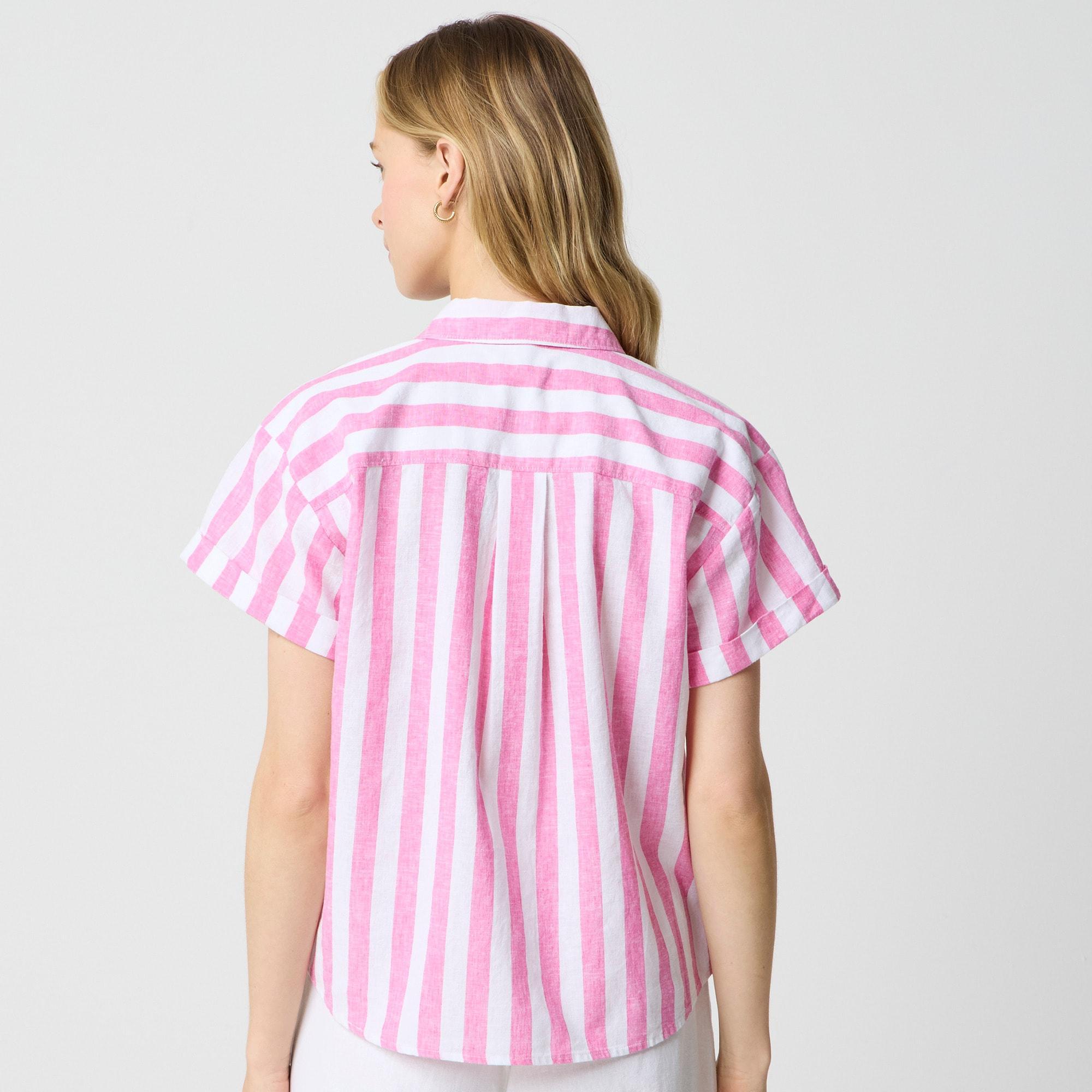 Striped short-sleeve linen-blend button-up shirt Product Image