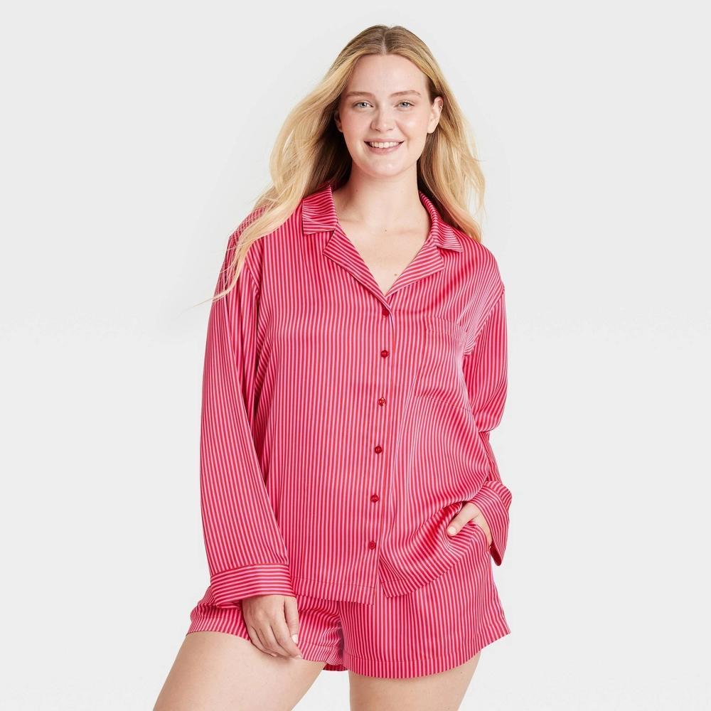 Women's Striped 3pc Satin Long Sleeve Top and Shorts Pajama Set with Eye Mask - Auden™ Red M Product Image