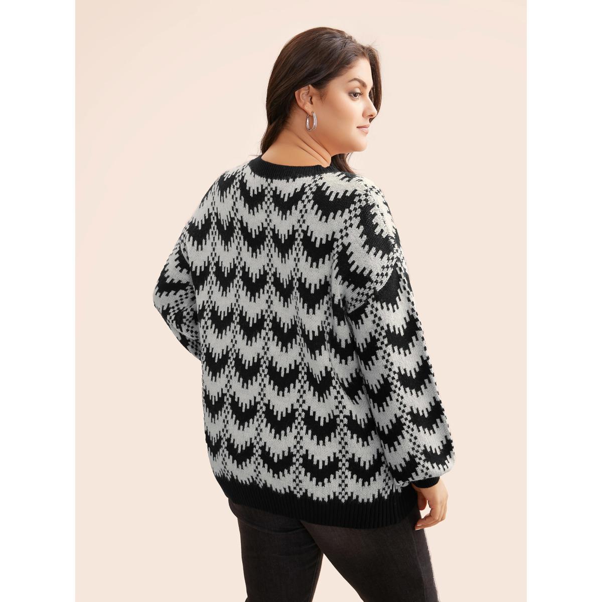 Plus Size Geometric Jacquard Drop Shoulder Sleeve Pullover Black Women Casual Loose Long Sleeve Round Neck Everyday Pullovers BloomChic 12/L Product Image