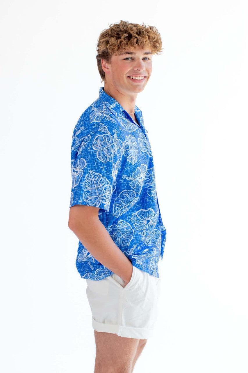 Blue Sketched Floral Hawaiian Shirt Product Image