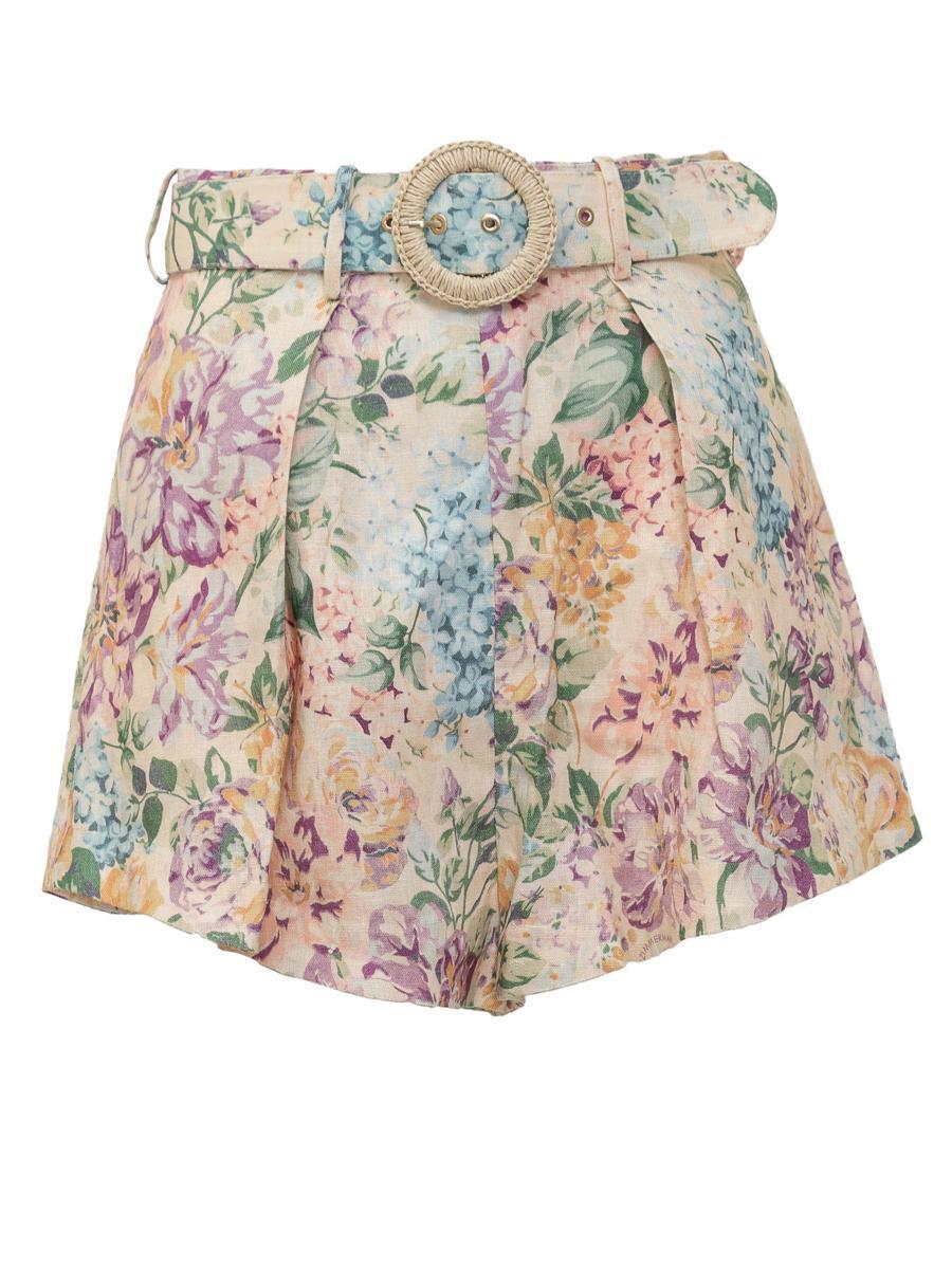 Halliday Belted Pleated Floral-print Linen Shorts In Multicolor Product Image