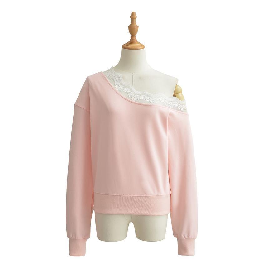 One Shoulder Plain Lace Trim Crop Pullover Product Image