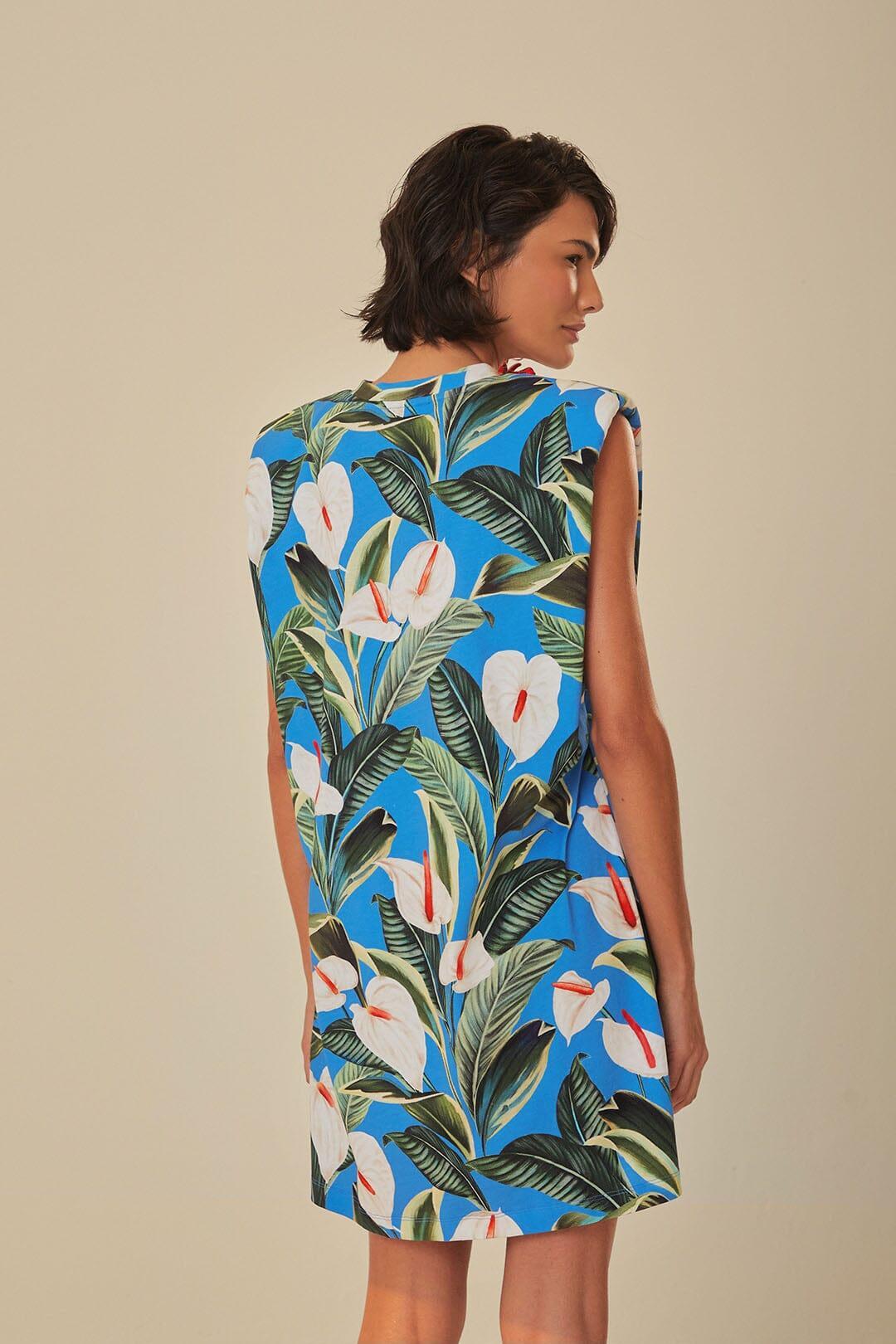 Blue Anthurium Garden Organic Cotton Mini T-Shirt Dress Product Image