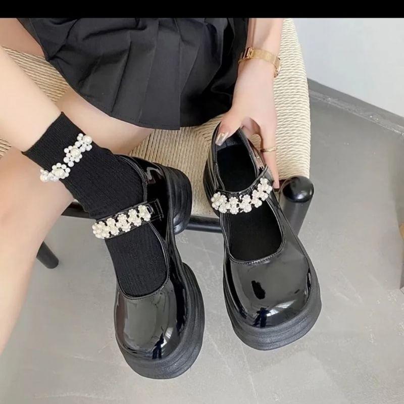 Faux Pearl Platform Chunky Heel Mary Jane Pumps Product Image