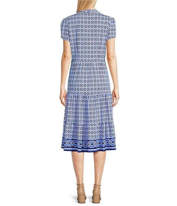 Jude Connally Terrace Geo Border Print Jude Cloth Stretch Knit V-Neck Short Puff Sleeve A-Line Tiered Midi Dress Product Image