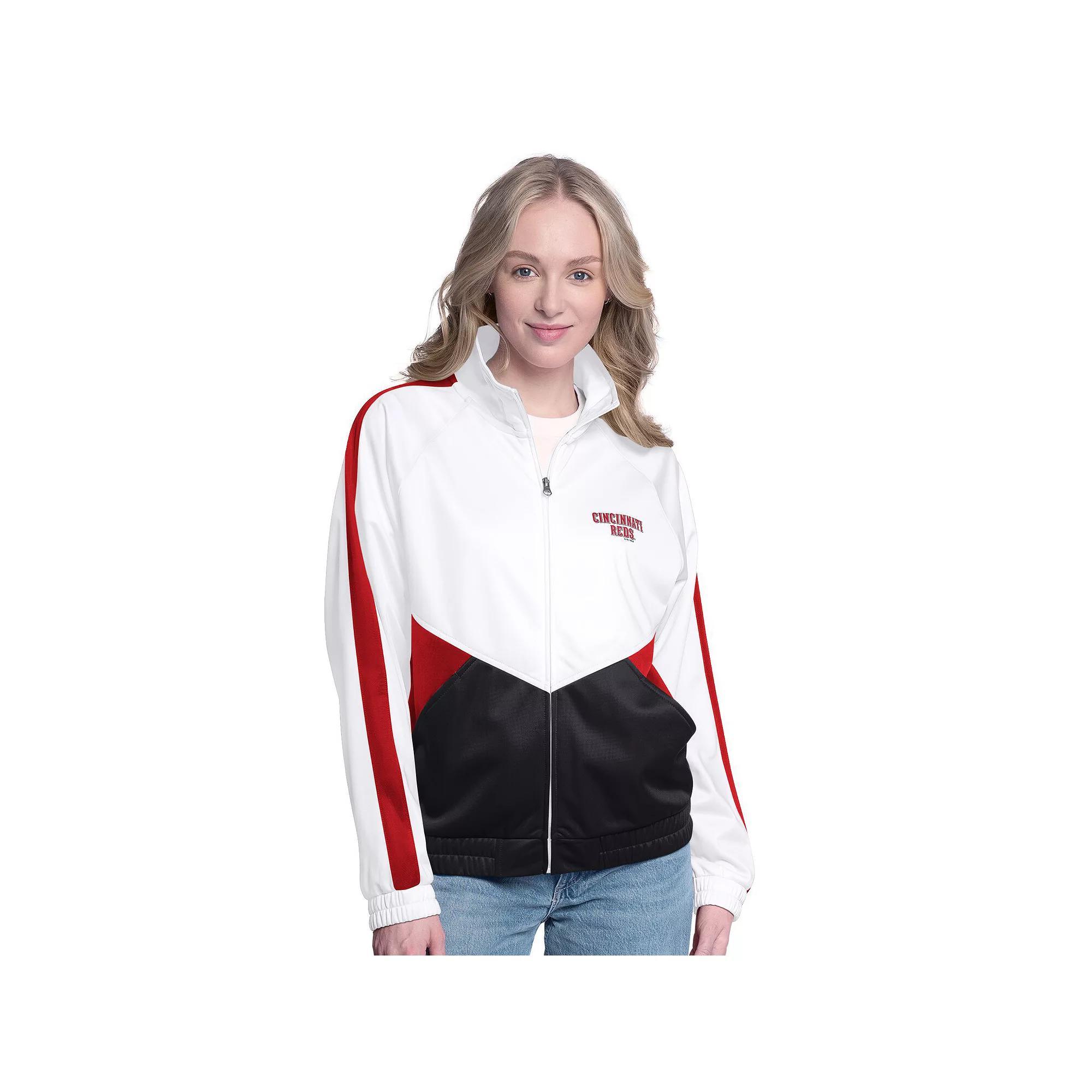 Women's G-III Sports by Carl Banks  White/Red Cincinnati Reds Rally Rhinestone Raglan Full-Zip Track Jacket, Size: Small, Red White Product Image