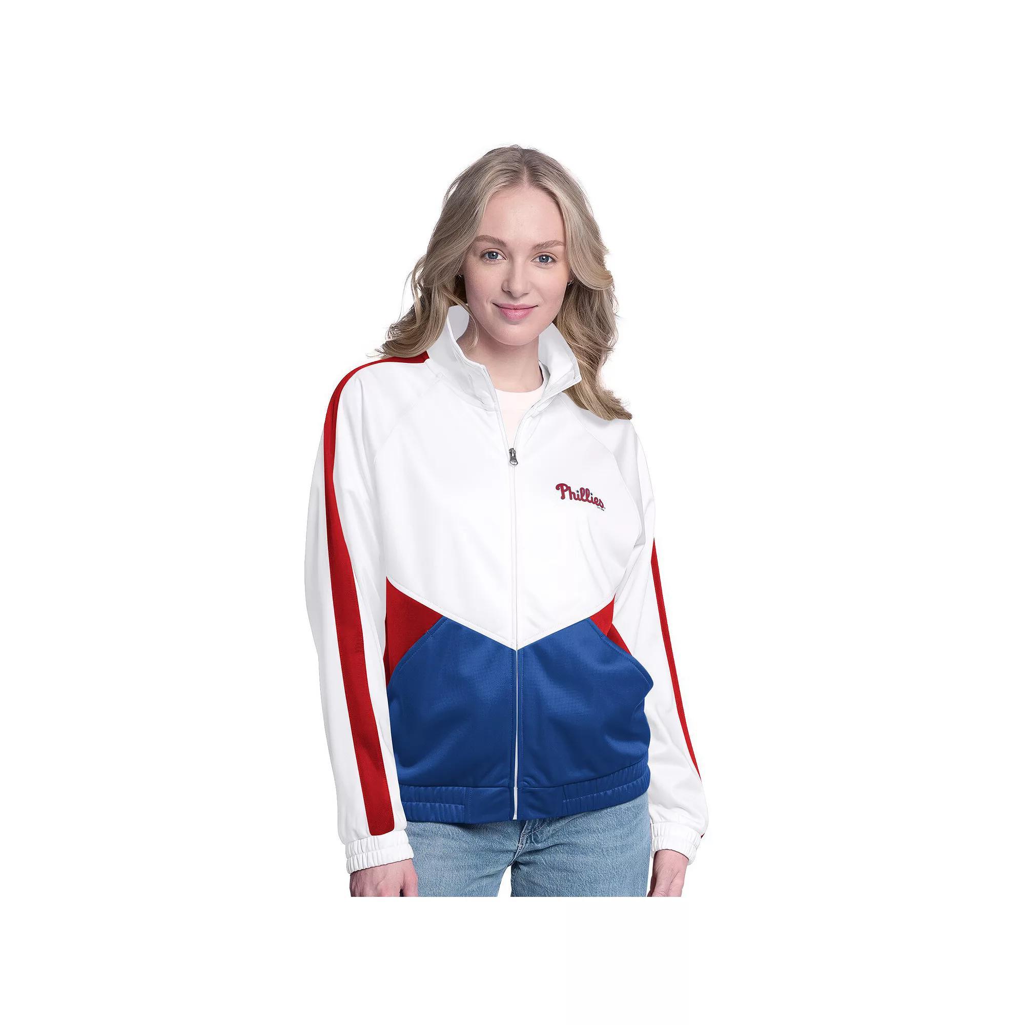 Women's G-III Sports by Carl Banks White/Red Philadelphia Phillies Rally Rhinestone Raglan Full-Zip Track Jacket,  Product Image