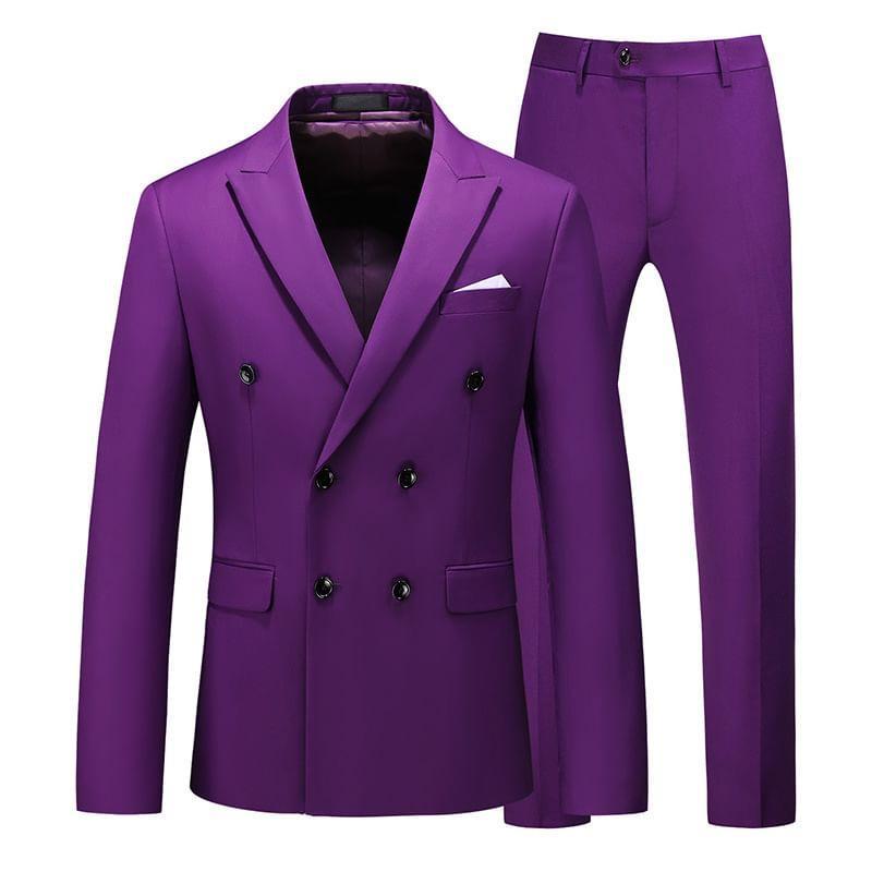 Set: Peak Lapel Plain Double-Breasted Blazer + Tapered Dress Pants Product Image