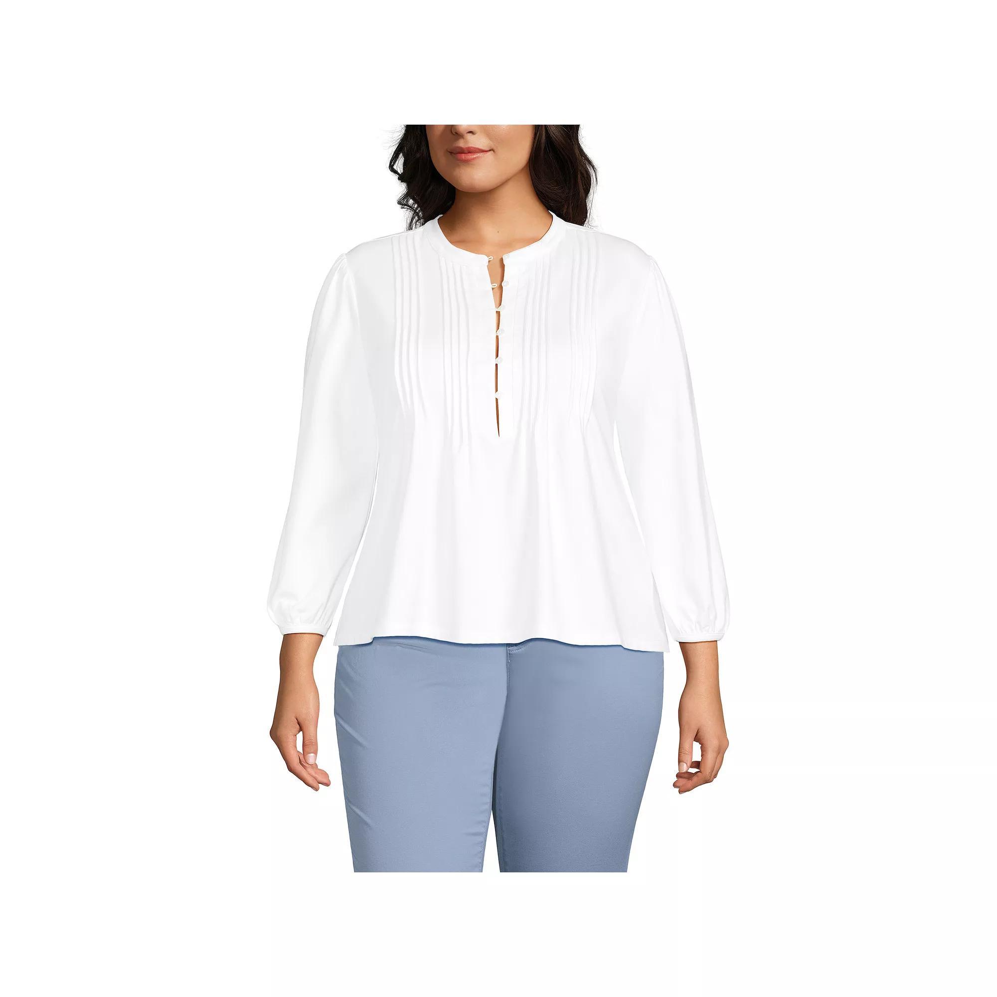 Plus Size Lands' End Lightweight Jersey Button Pintuck Top, Women's, Size: 1XL, Blue Pin Dot Product Image