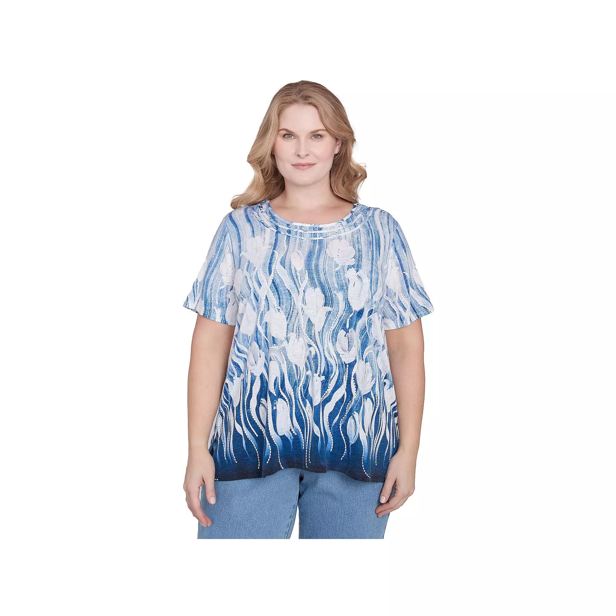Plus Size Alfred Dunner Tulip Border Knotted Neckline Tee, Women's, Size: 2XL, Blue Product Image