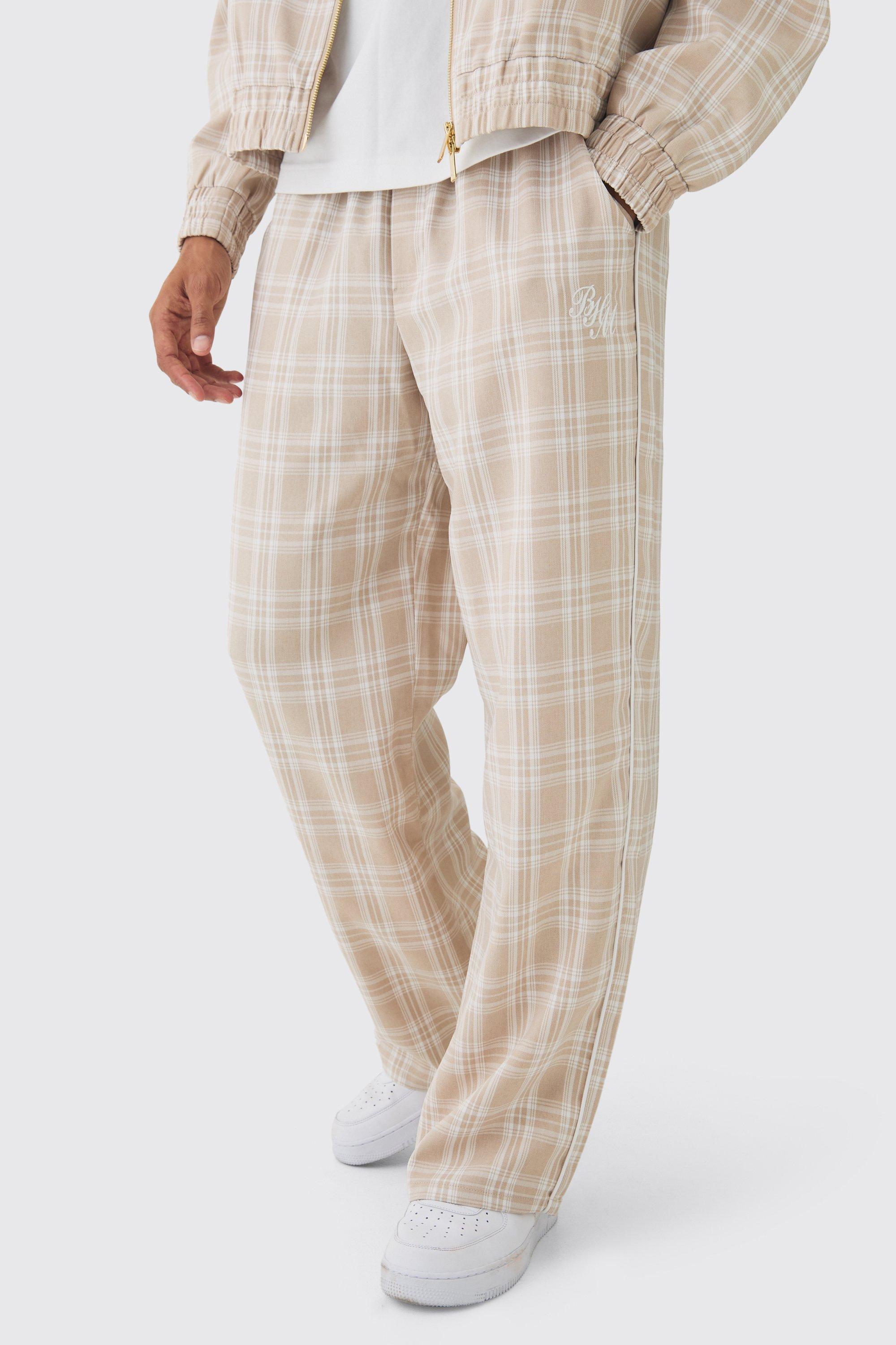 Mens Beige Elasticated Waist Wide Leg Checked Trousers, Beige Product Image