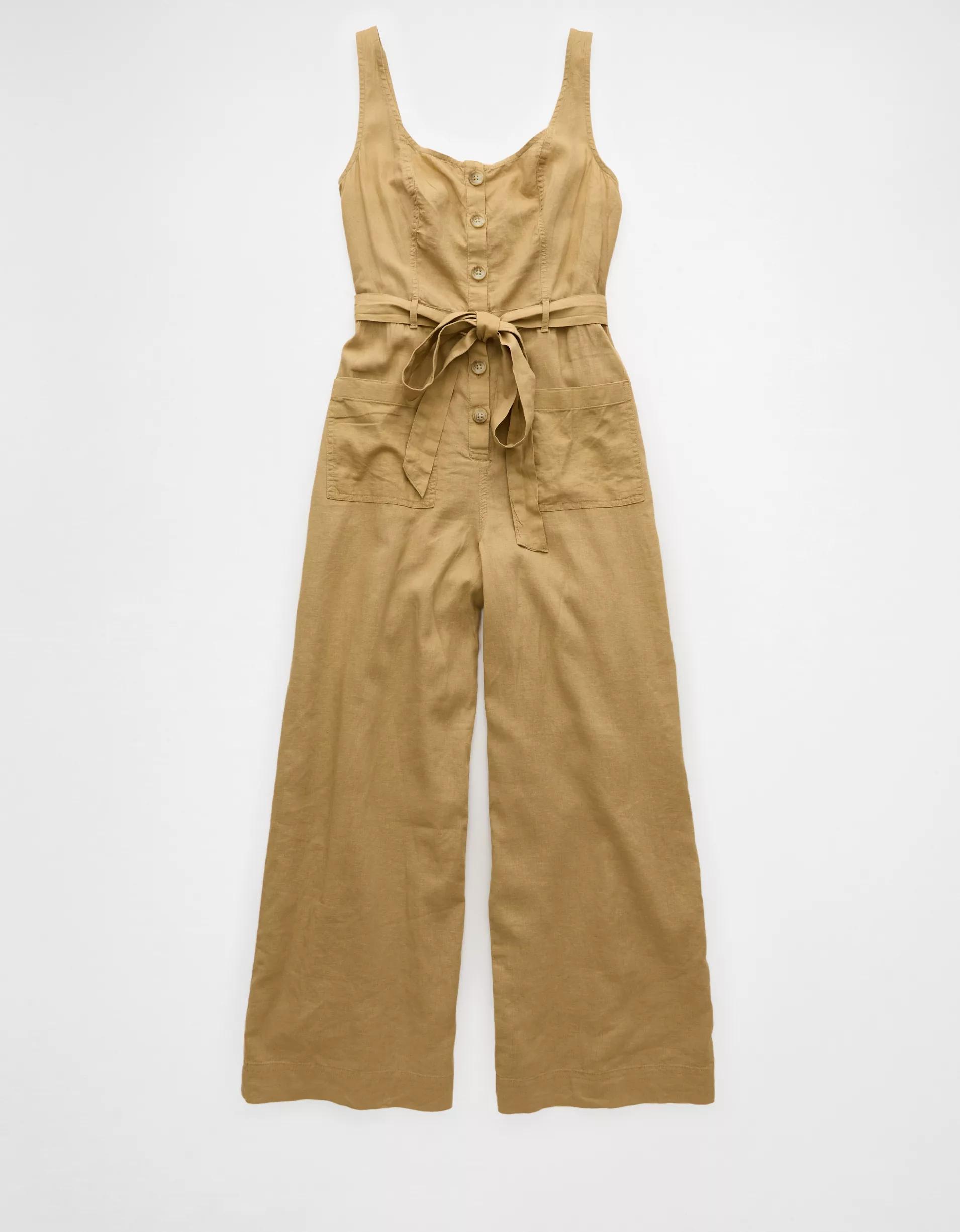 AE Linen-Blend Button-Up Jumpsuit Product Image