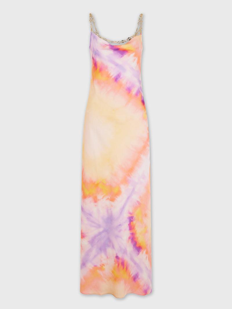 ORANGE TIE-DYE LONG DRESS IN PRINTED SATIN Product Image