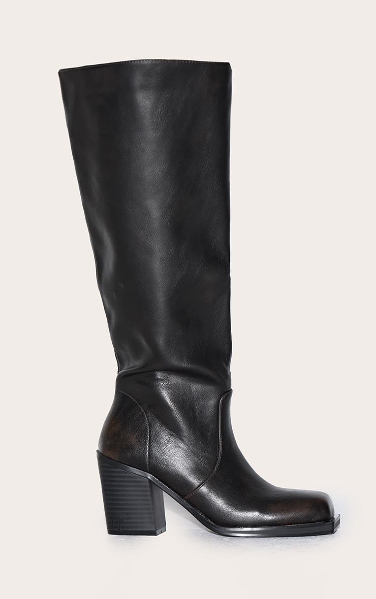 Brown Burnish Pu Square Toe High Block Heel Knee High Boots Product Image