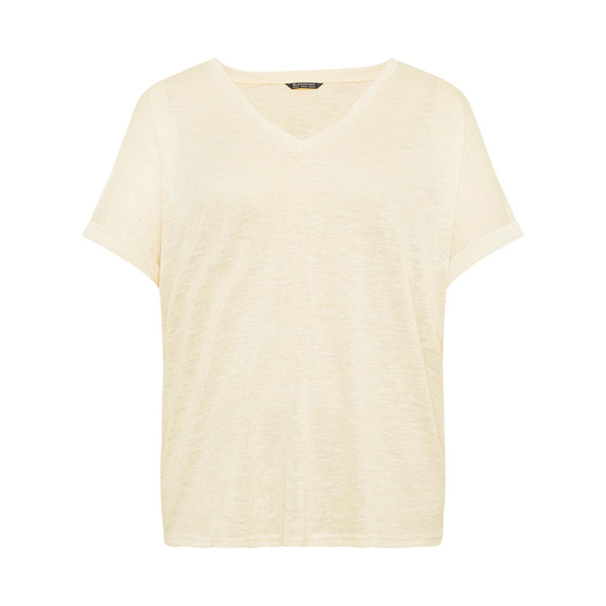 Plus Size Solid Mesh Heather Roll Batwing Sleeve T-shirt Beige Women Casual See through Plain V-neck Dailywear T-shirts BloomChic 14-16/1X Product Image