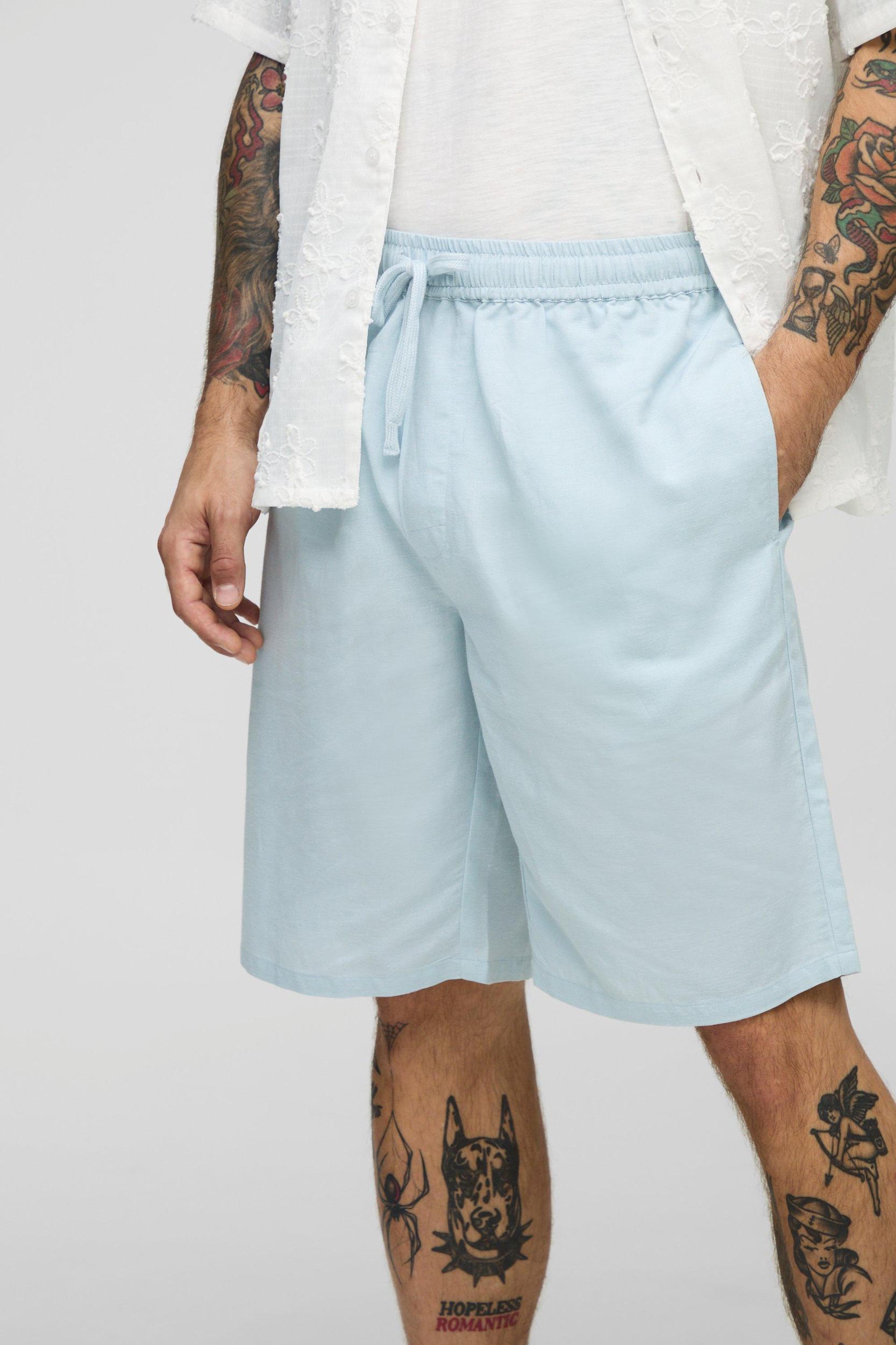 Elasticated Waist Relaxed Fit Mid Length Linen Blend Short | boohooMAN USA Product Image