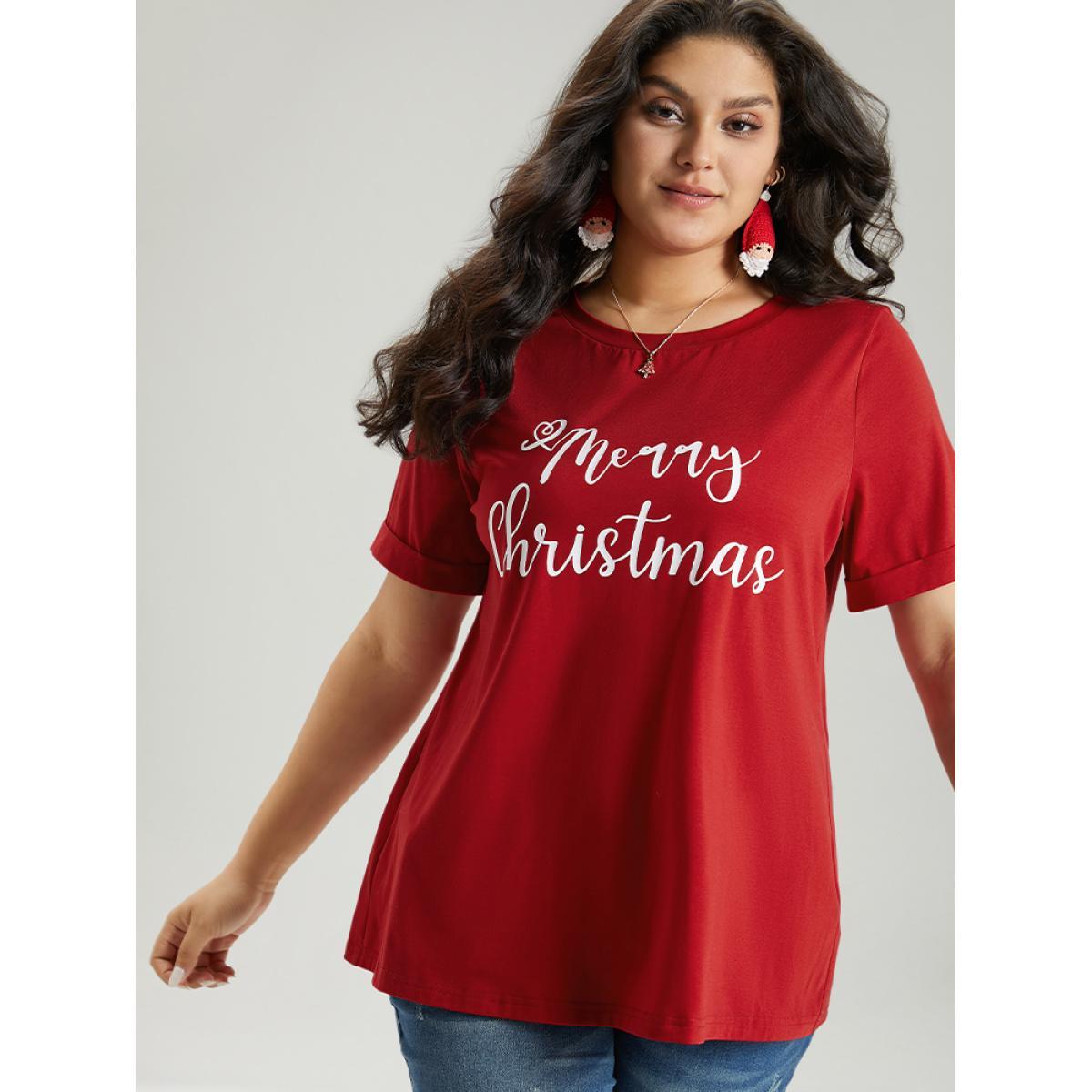 Plus Size Christmas Print Round Neck T-shirt Red Women Casual Printed Christmas Festival-Christmas T-shirts BloomChic 12/L Product Image