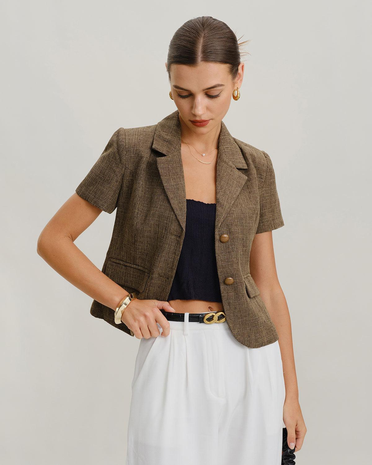 Brown Plaid Button Short Sleeve Jacket Product Image