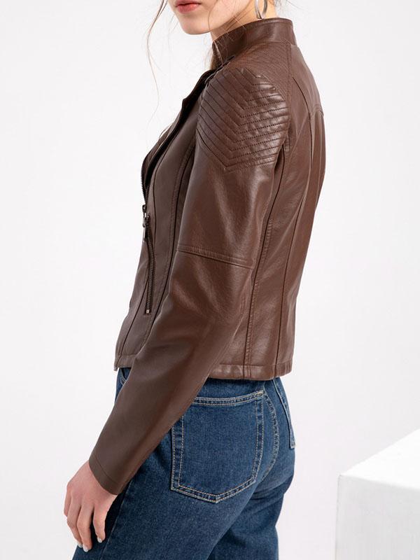 Long Sleeves Split-Joint Zipper Mock Neck PU Jackets Outerwear Product Image