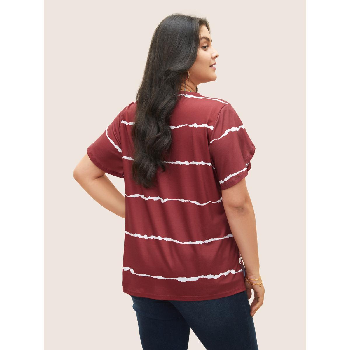 Plus Size Striped Contrast Petal Sleeve T-shirt Scarlet Women Elegant Striped Everyday T-shirts BloomChic 10/M Product Image