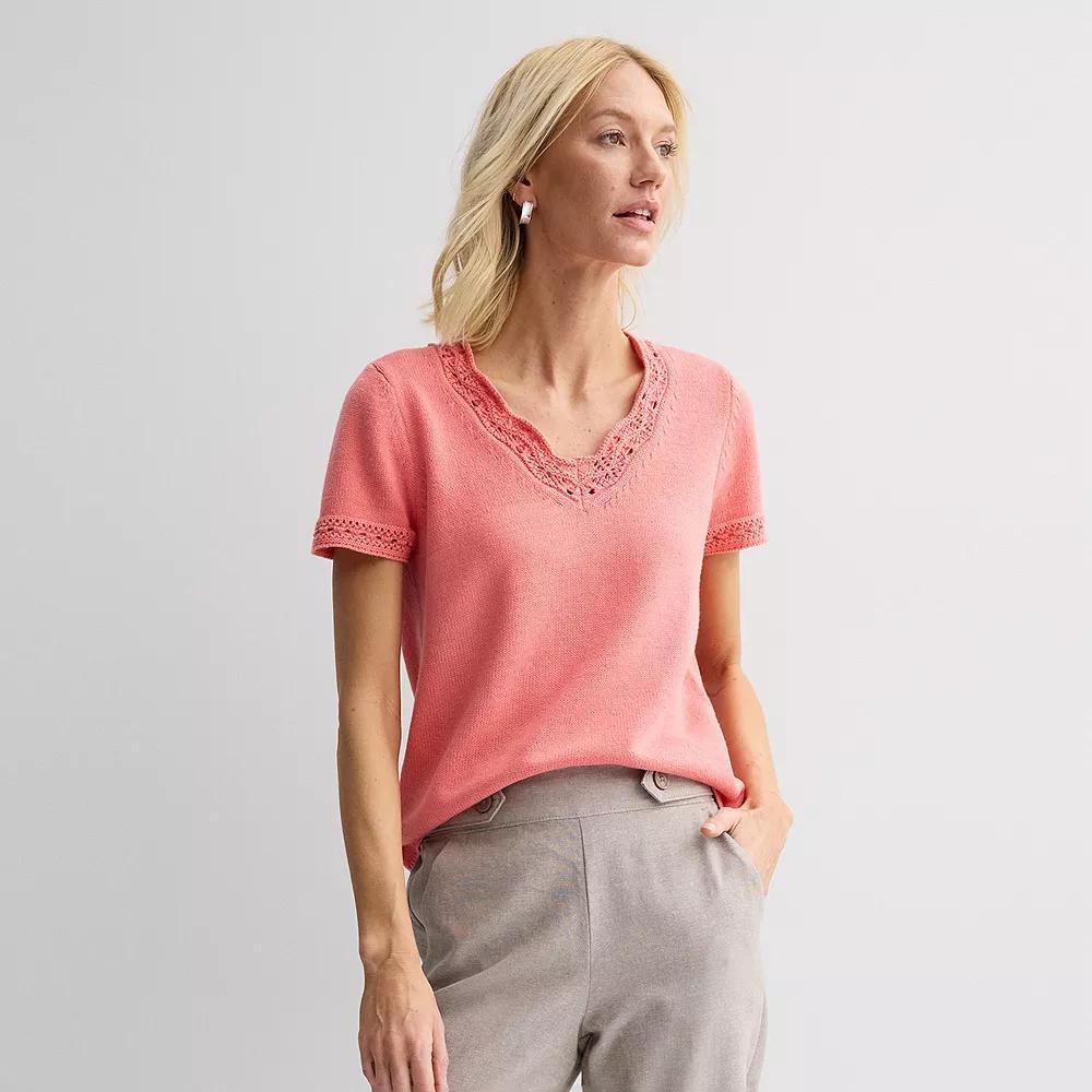 Petite Croft & Barrow Crochet Trim V-Neck Short Sleeve Sweater, Womens Simply Pink Product Image