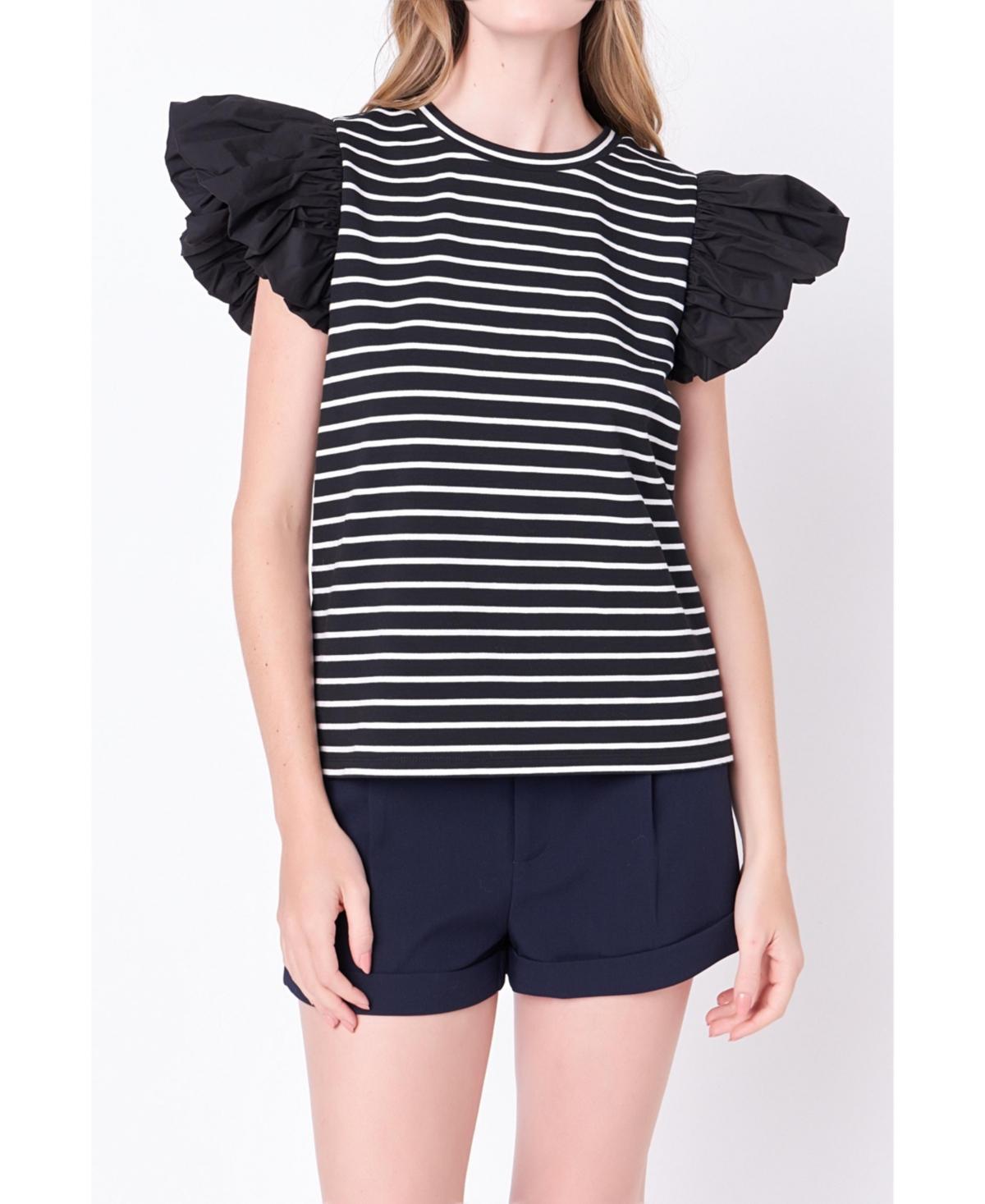 English Factory Stripe Knit with Poplin Puff Sleeve Top (Navy/Red) Women's Clothing Product Image