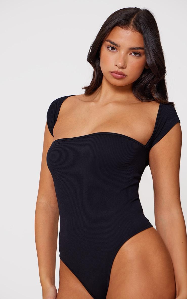 Black Snatched Rib Cut Out Short Sleeve Bodysuit Product Image