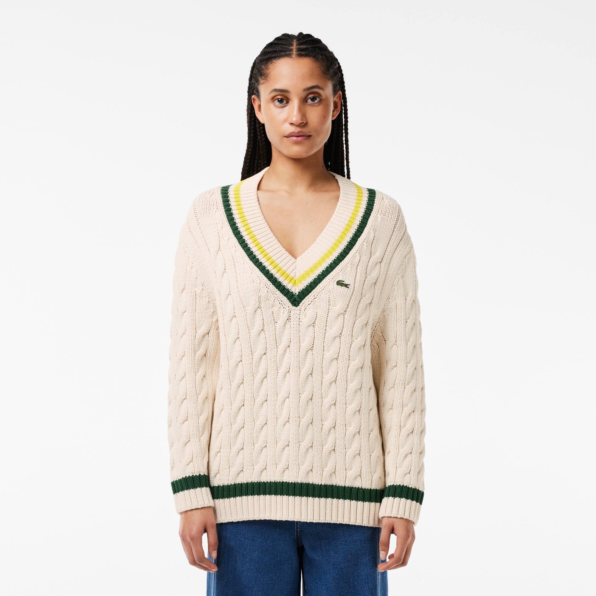 V Neck Cable Knit Cotton Tennis Sweater Product Image