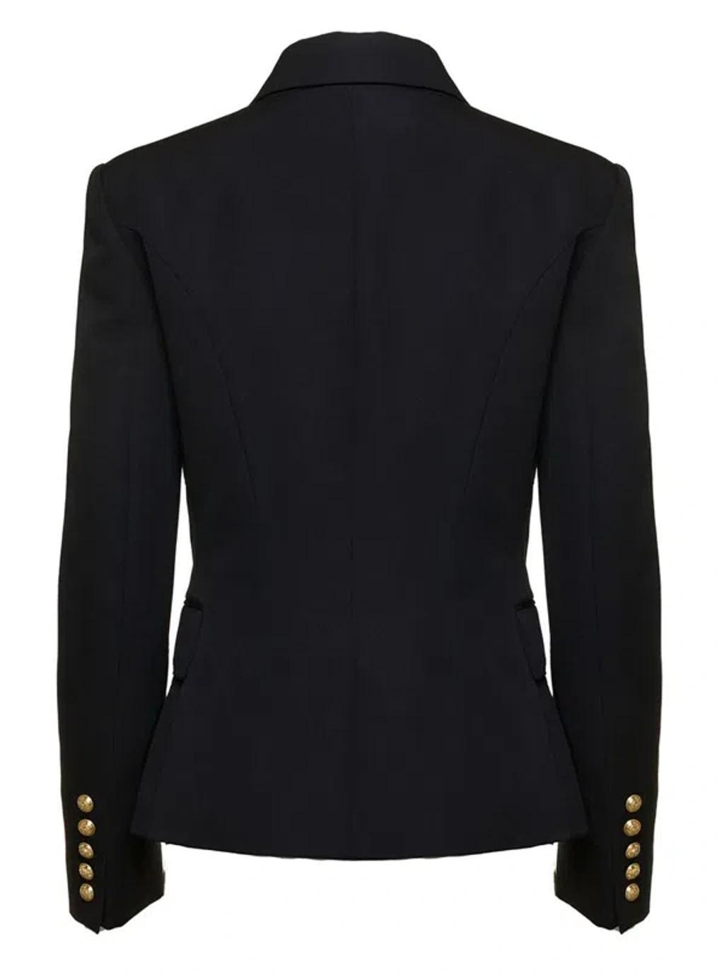 BALMAIN Black Double-breasted Jacket With Branded Buttons And Asymmetric Cut In Wool Woman Product Image