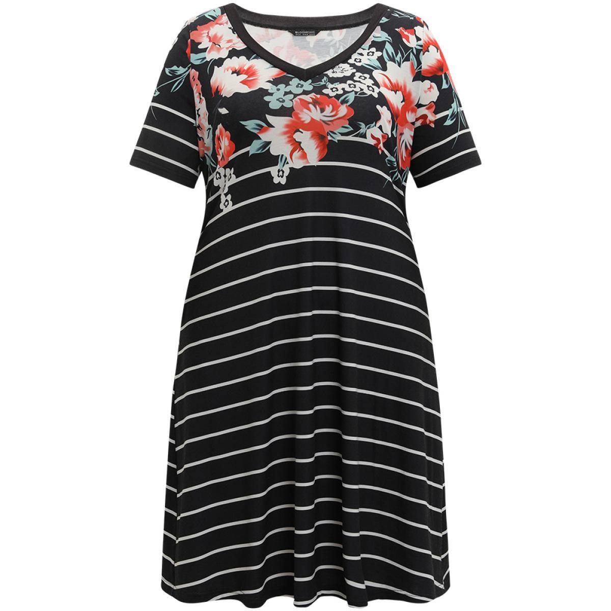 Plus Size Floral & Striped Print Pocket V Neck Dress Black Women Casual Printed V-neck Short sleeve Curvy Midi Dress BloomChic 10/M Product Image